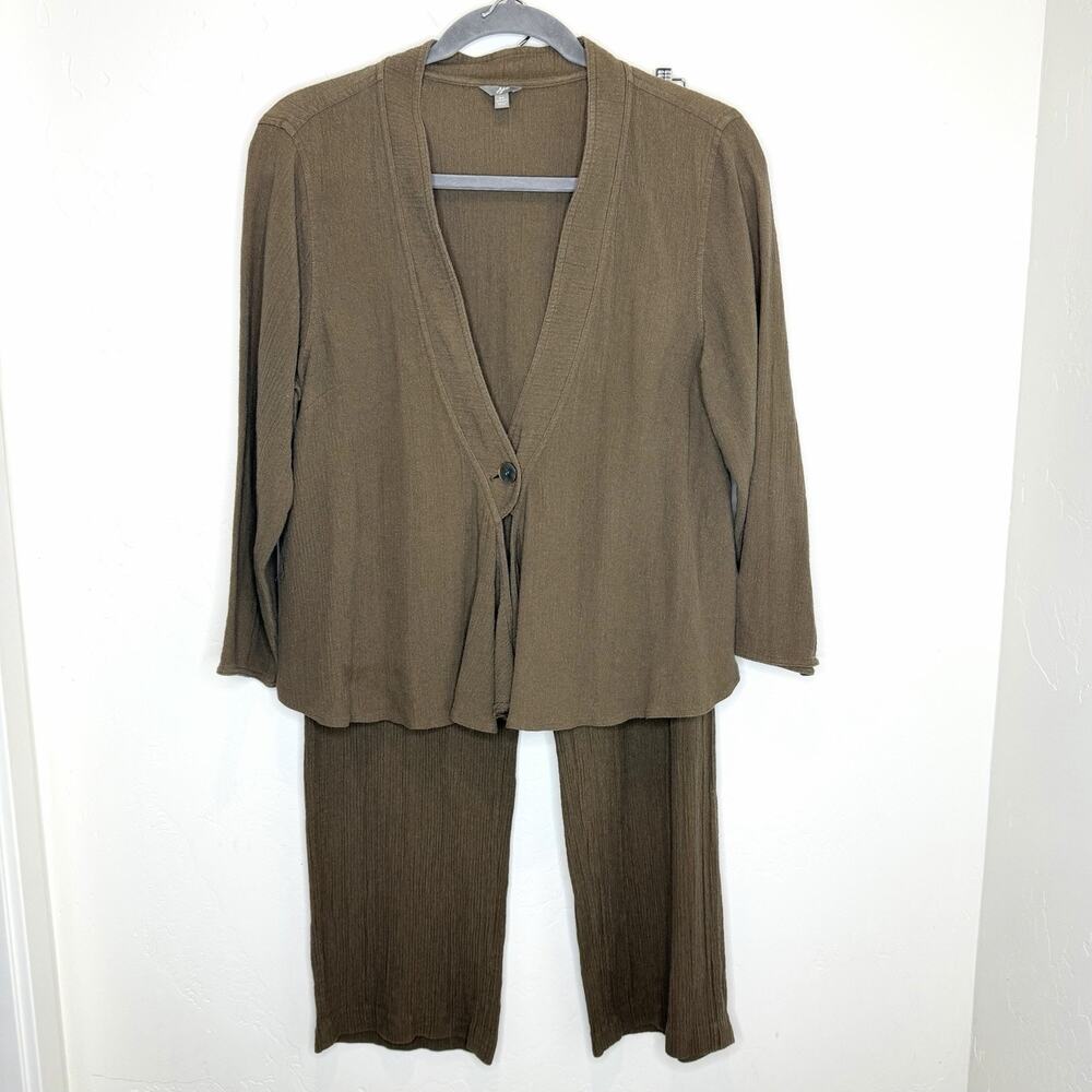 J Jill Hemp Silk Plus Jacket Pants Set Womens Plus 2X Brown Lagenlook Boho